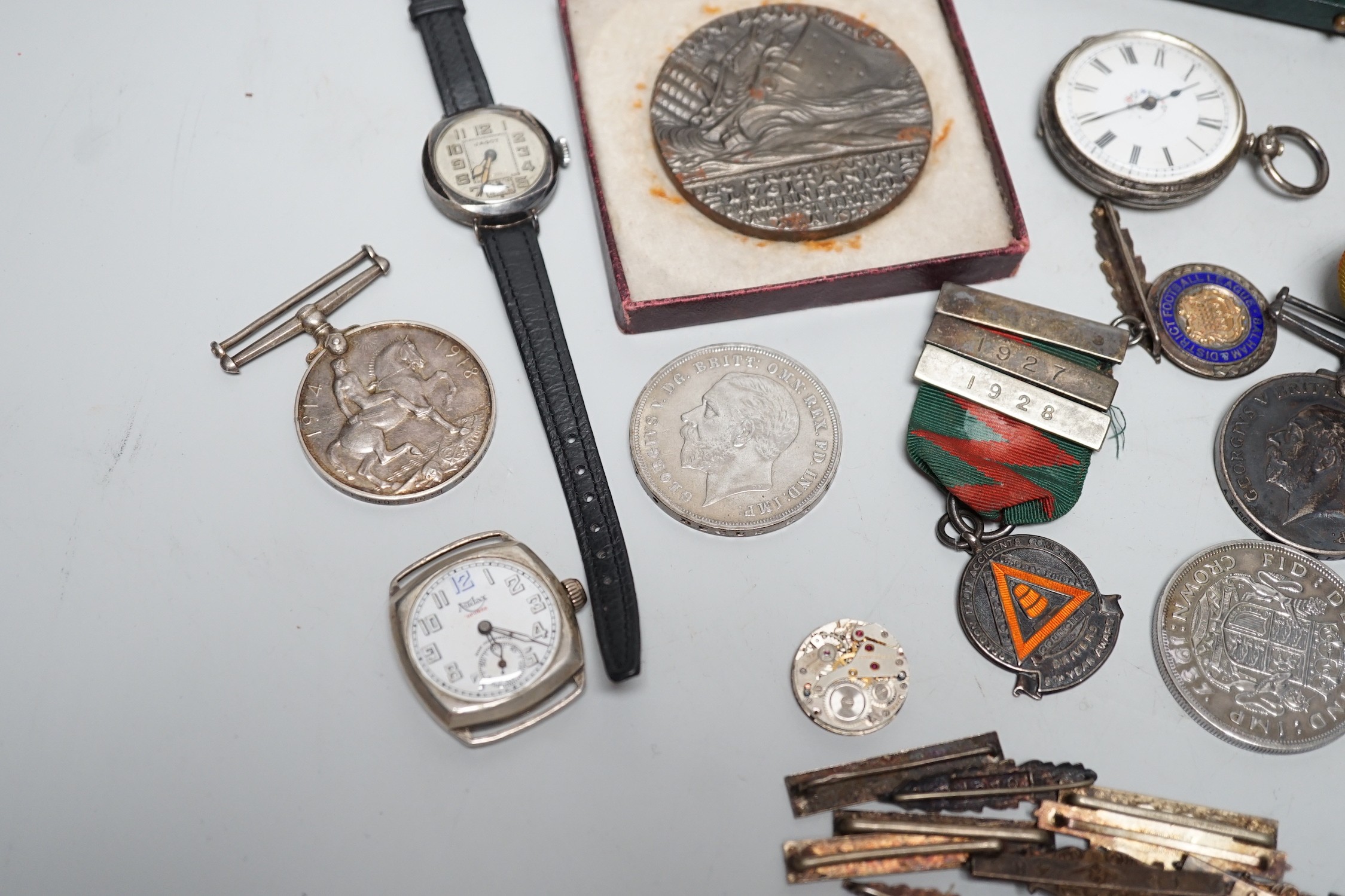 Mixed wrist and pocket watches including a silver cased Audax, a silver cased lady's Jagot and a military Moeris pocket watch, together with assorted medals etc.